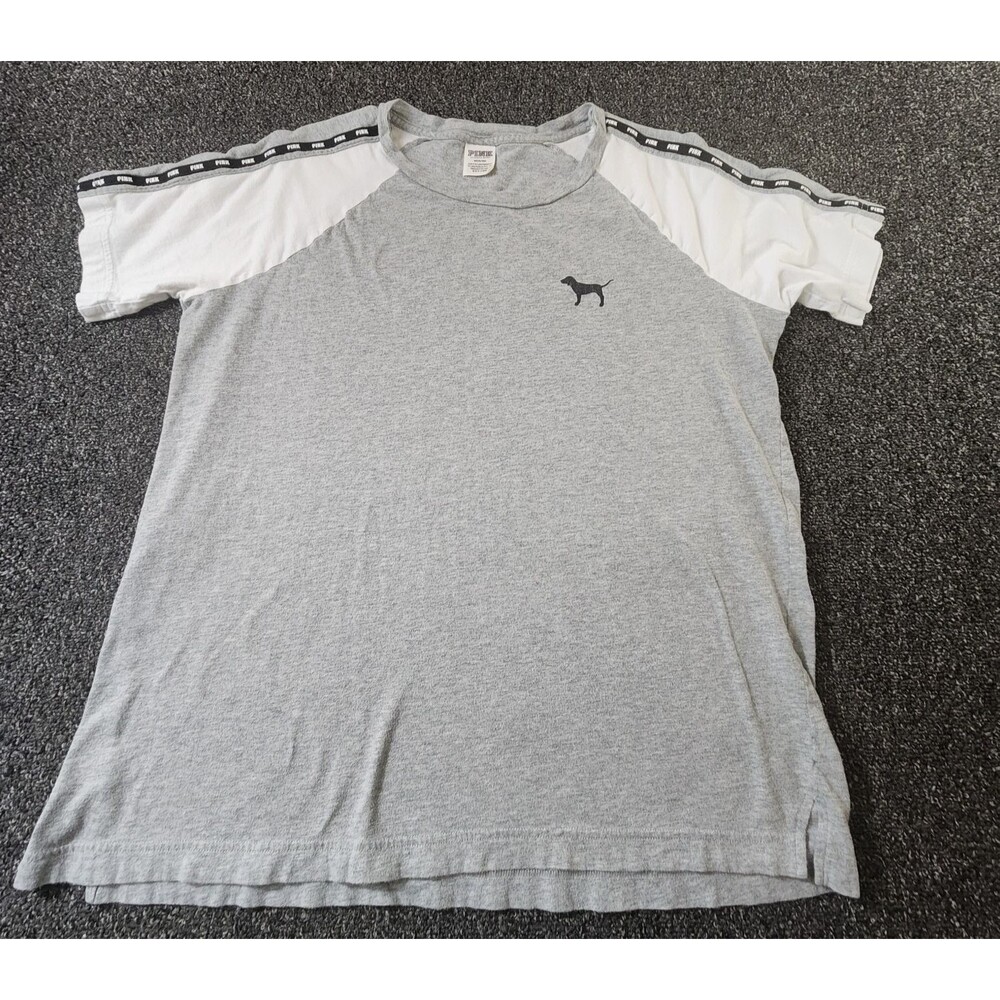 Victoria's Secret PINK Tee Shirt Women's Medium Gray and White Dog Logo Sleeve
